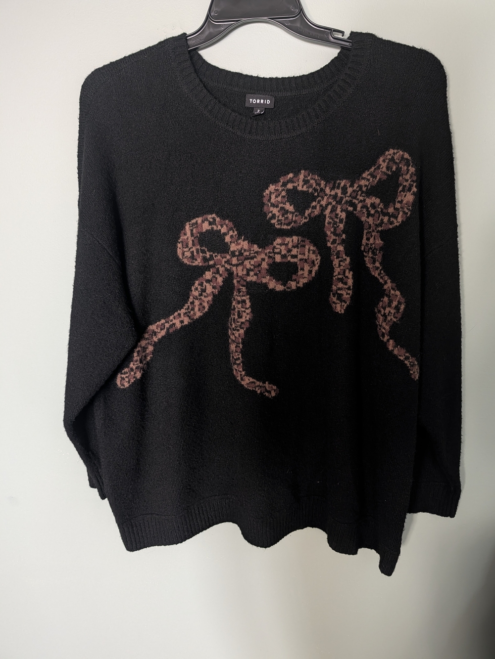 Torrid Black Crewneck Sweater with Leopard Print Bows